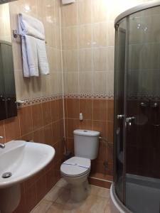 y baño con aseo, lavabo y ducha. en Hotel-Restaurant Lyube Plus en Khmelʼnytsʼkyy