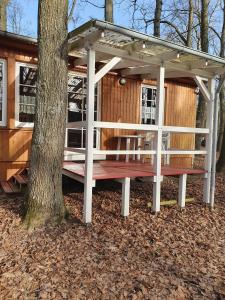 einen Pavillon mit einem Baum neben einem Baum in der Unterkunft Ferienpark-Eichenwald in Dranske