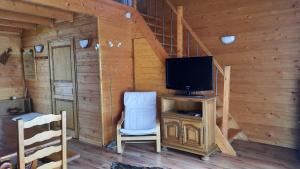 ein Wohnzimmer mit einem TV und einem Stuhl in der Unterkunft La Datcha d'Elena in La Chapelle-de-Guinchay