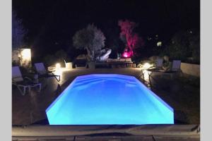 a large blue swimming pool in a yard at night at Villa luxe bord de mer avec piscine et grand jardin in Corbara