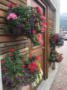 una porta con fiori sul lato di un edificio di Casa Vacanze Sablonera a Bormio