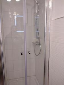 bagno con doccia e porta in vetro di Am Schwielochsee 2 a Speichrow