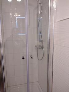 ein Badezimmer mit Dusche mit Glastür in der Unterkunft Am Schwielochsee 2 in Speichrow