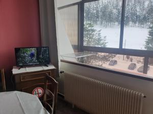 拉布雷斯的住宿－Résidence belle hutte coté pistes de ski，一间设有窗户的房间和一张桌子上的电脑