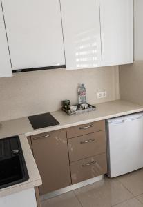 a kitchen with white cabinets and a counter top at Central Park studio in Gulbene