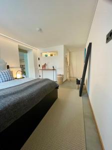ein Schlafzimmer mit einem großen Bett in einem Zimmer in der Unterkunft Tolle Ferienwohnung Le Gira mit eigenem Garten in Konstanz
