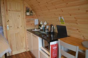 uma cozinha com um balcão e um lavatório numa cabina em Lochview Pods em Harlosh