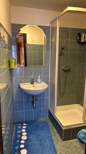 La salle de bains est pourvue d'un lavabo et d'une douche. dans l'établissement Fehérház Alkalmi Szálló, à Pécs