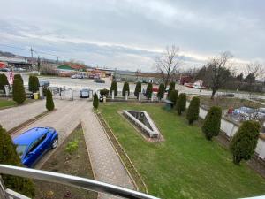 um carro azul estacionado ao lado de um parque com árvores em Vila Nei em Lugoj