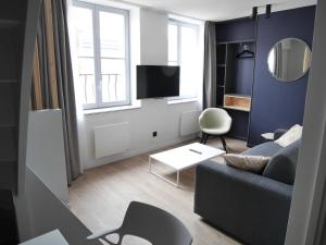 een woonkamer met een bank en een tv bij Le Chat Qui Dort - Vieux Lille III in Lille