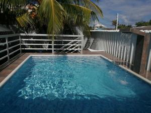a large pool of water with a fence and a palm tree at Hostal Poseidon del Mar in San Andrés
