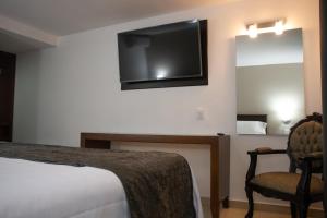 Habitación de hotel con cama y TV en la pared en Hotel Las Pergolas en Guadalajara