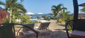 Un patio con sillas y vista al mar. en Guille Bungalows, en Canoas de Punta Sal