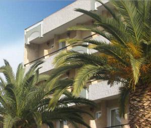 a building with palm trees in front of it at Zikas Hotel in Preveza