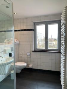 a bathroom with a toilet and a sink and a window at Buhlsche Mühle in Ettlingen