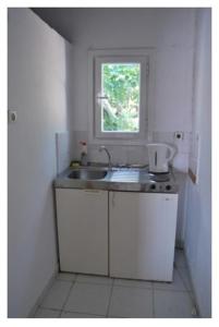 eine kleine Küche mit einem Waschbecken und einem Fenster in der Unterkunft Eleni's Studios in Karavostasi