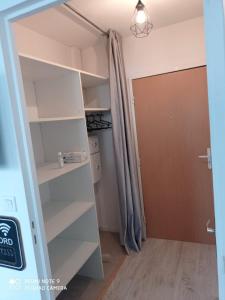 a closet with white shelves and a door at Appartement La Roseraie PARKING PRIVE in Mâcon