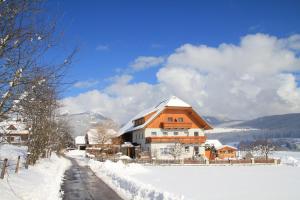 ein Haus im Schnee mit einem schneebedeckten Hof in der Unterkunft Moser Jaggeihof in Mariapfarr