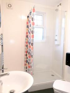La salle de bains est pourvue d'une douche, d'un lavabo et d'une baignoire. dans l'établissement The Rocks at Plas Curig Hostel, à Capel-Curig