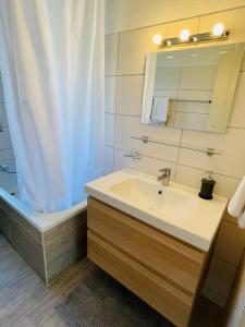 bagno con lavandino, vasca e specchio di S&P Mountain View Apartment 2 a Wilderswil