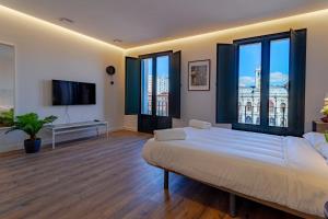 a bedroom with a large bed and a flat screen tv at Edificio 13 by Plaza Mayor Apartamentos in Valladolid