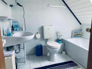 ein Badezimmer mit Toilette, Waschbecken und Badewanne in der Unterkunft 50059 Ferienhaus in Altfunnixsiel