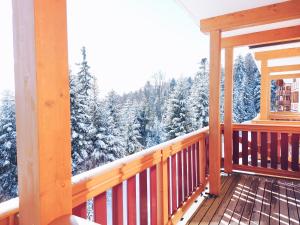 eine Veranda mit Blick auf die schneebedeckten Bäume in der Unterkunft Pohorje Village Wellbeing Resort - Forest Hotel Videc in Hočko Pohorje