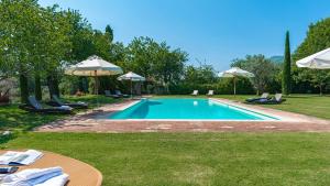 a swimming pool with chairs and umbrellas at SAN FRANCESCO 12, Emma Villas in Sarteano