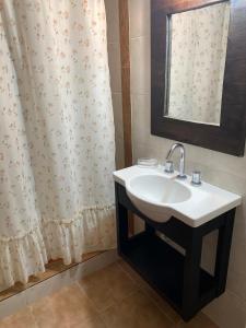 a bathroom with a sink and a shower curtain at 3 ambientes - Departamento reciclado a nuevo a 250m del mar in Miramar