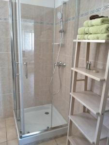 a shower with a glass door and shelves in a bathroom at Le Chardon 2 in Baudinard