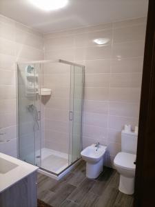 a bathroom with a shower and a toilet and a sink at Quinta Do Fijo in Arcos de Valdevez