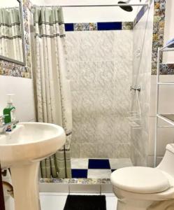 a bathroom with a sink and a toilet and a shower at Blue Door Housing Historic Quito in Quito