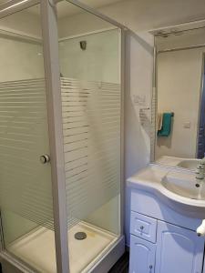 a bathroom with a glass shower and a sink at La Chaumiere d Agde in Agde +43 photos