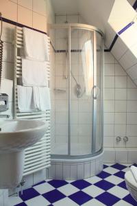 y baño con ducha y lavamanos. en Alte Nagelschmiede en Altdorf bei Nuernberg