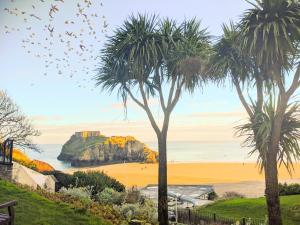 a view of a beach with two palm trees at Dursley house in Whitland