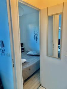 a bedroom with a bed and a mirror at Appartement Rez de jardin Cabourg résidence bord de mer in Cabourg