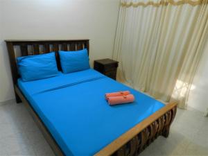 een slaapkamer met een bed met blauwe lakens en blauwe kussens bij Casa San Sebastian in Santa Marta