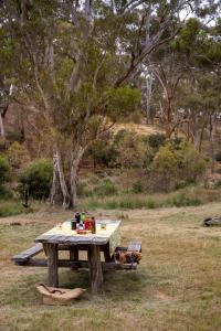 una mesa de picnic en medio de un campo en CHARTER FARM - FIND YOUR HAPPY HAMLET, 