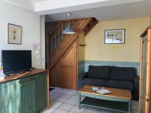 ein Wohnzimmer mit einem Sofa und einem TV in der Unterkunft Les Gîtes du Paradis in Murol