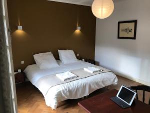 a bedroom with a bed with a laptop on it at Une nuit sur Loire in Trèves-Cunault