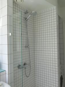 コペンハーゲンにあるApartmentInCopenhagen Apartment 1142のバスルーム(ガラスドア付きのシャワー付)