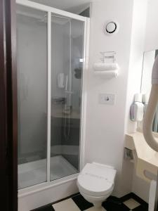 a bathroom with a shower and a toilet at Enzo Hotels Vierzon by Kyriad Direct in Vierzon