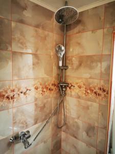 a shower with a shower head on a tiled wall at Къща за гости и приятели Селановска среща in Selanovtsi