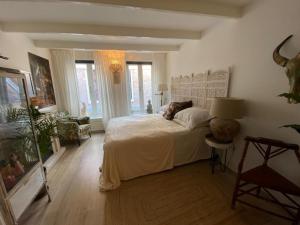 een slaapkamer met een bed met een hond erop bij Casa Blanca Old City - Alkmaar in Alkmaar