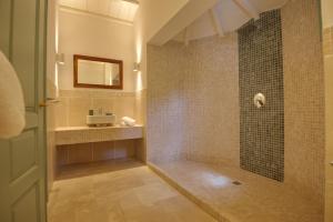 a bathroom with a shower with a glass door at Villa Aquilo in Megali Ammos