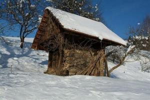 ein Blockhaus mit einem schneebedeckten Dach im Schnee in der Unterkunft Gästehaus Freitag das kleine Hotel in Sankt Georgen