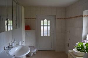 a bathroom with a sink and a toilet and a door at Ferienhaus Hüthchen in Eichhorst