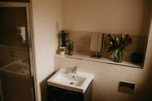 ein Badezimmer mit Waschbecken und einer Blumenvase in der Unterkunft Exclusive 5 Bed Family House in Village Location in Sheepy + 55 Fotos