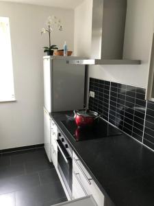 eine Küche mit einer schwarzen Arbeitsplatte und einem Waschbecken in der Unterkunft In the Middle of Hamburg City in Hamburg