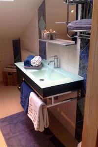 a bathroom with a sink and a blue counter at Ferienwohnung Dopfer in Eisenberg